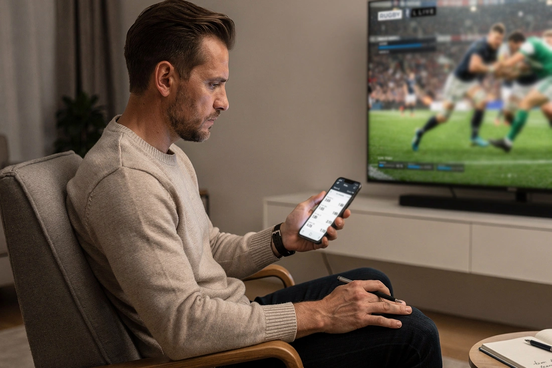 Man watching rugby on TV while holding tablet showing betting information in modern living room