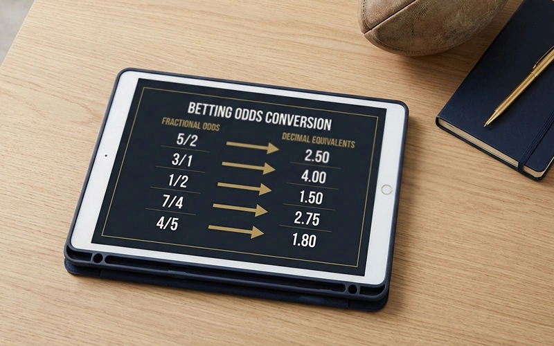 Clean visual comparison showing fractional odds conversion examples with rugby ball imagery