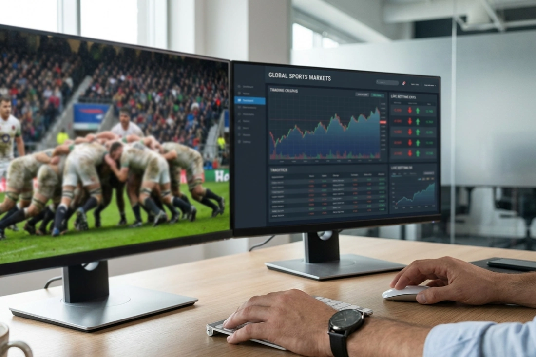 Dual monitor setup showing rugby match broadcast and live betting market interface