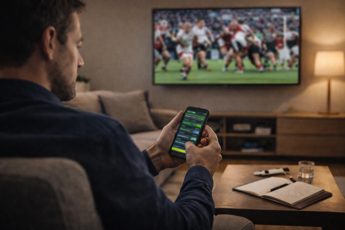 Man watching rugby match on television while checking betting app on smartphone