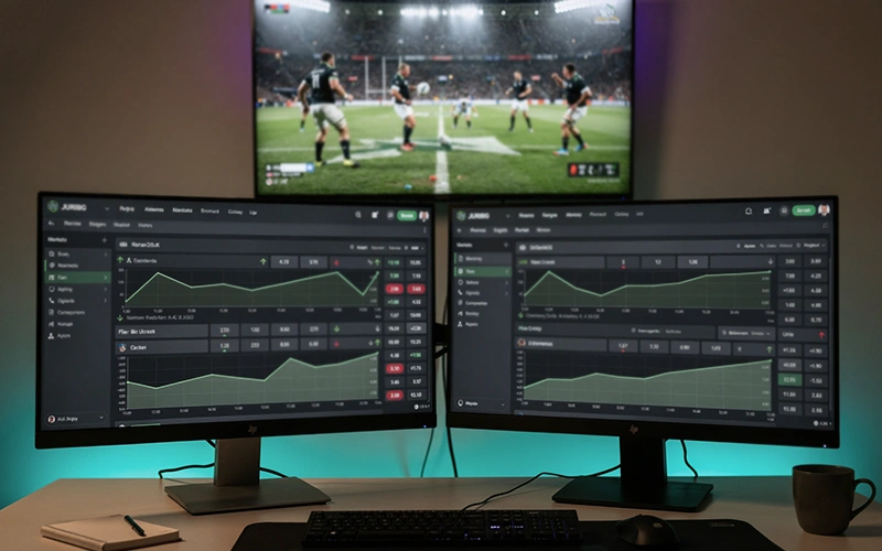 Multiple screens showing live rugby odds movements with upward and downward trend indicators