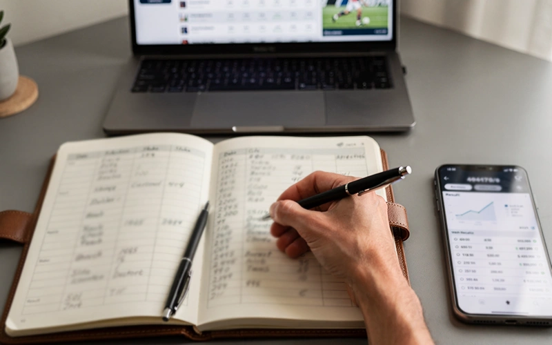 Organized betting tracking system with notebook showing stake records and disciplined approach