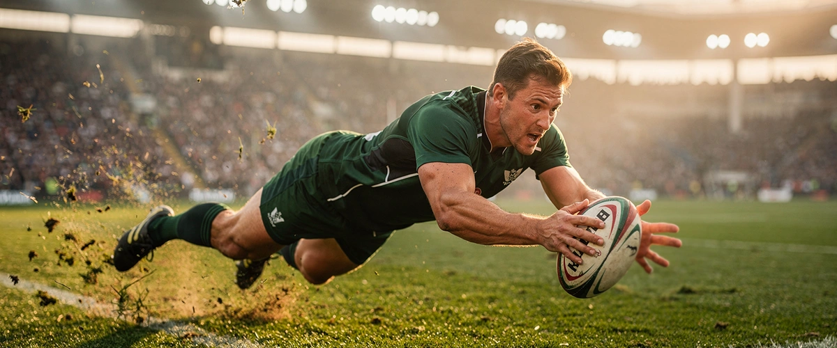 Intense rugby match action at a packed stadium with player diving to score a try during golden hour