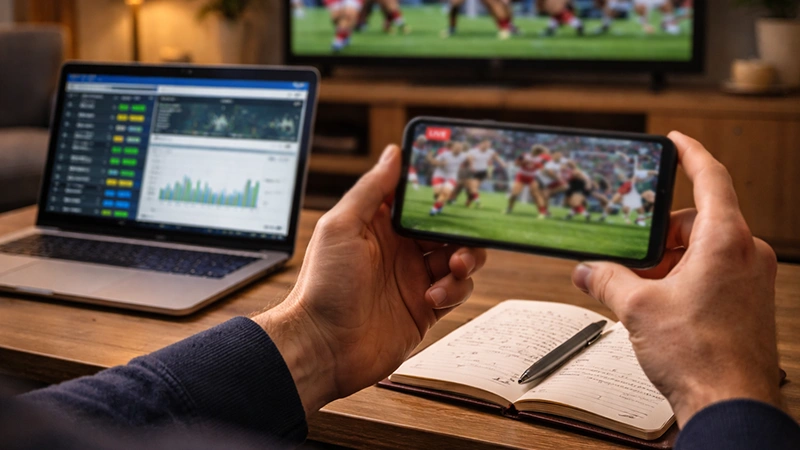Person researching rugby betting on smartphone and laptop in a modern living room with rugby match on TV