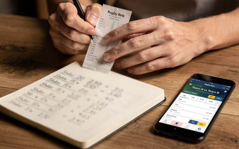 Person reviewing rugby betting slip with pen and notebook showing stake calculations