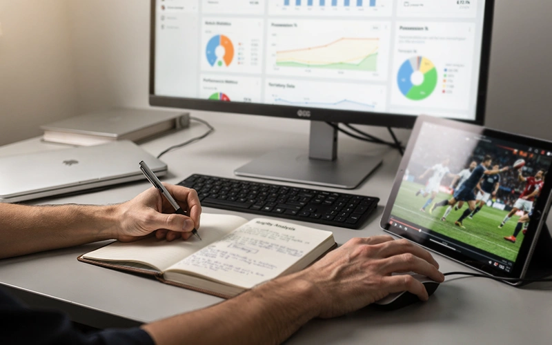 Analyst reviewing rugby match statistics and performance data on screen with notes