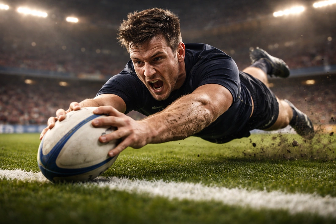 Rugby player diving to score crucial try in knockout match with determined expression