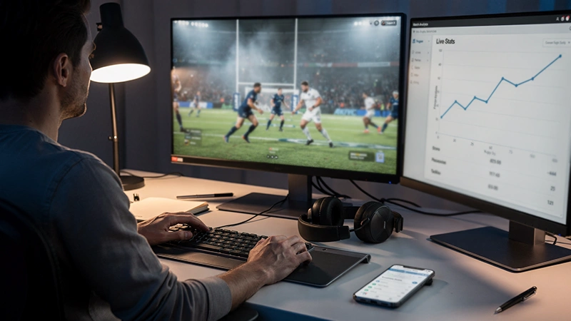 Person watching rugby on multiple screens in a modern home office setup during an evening match