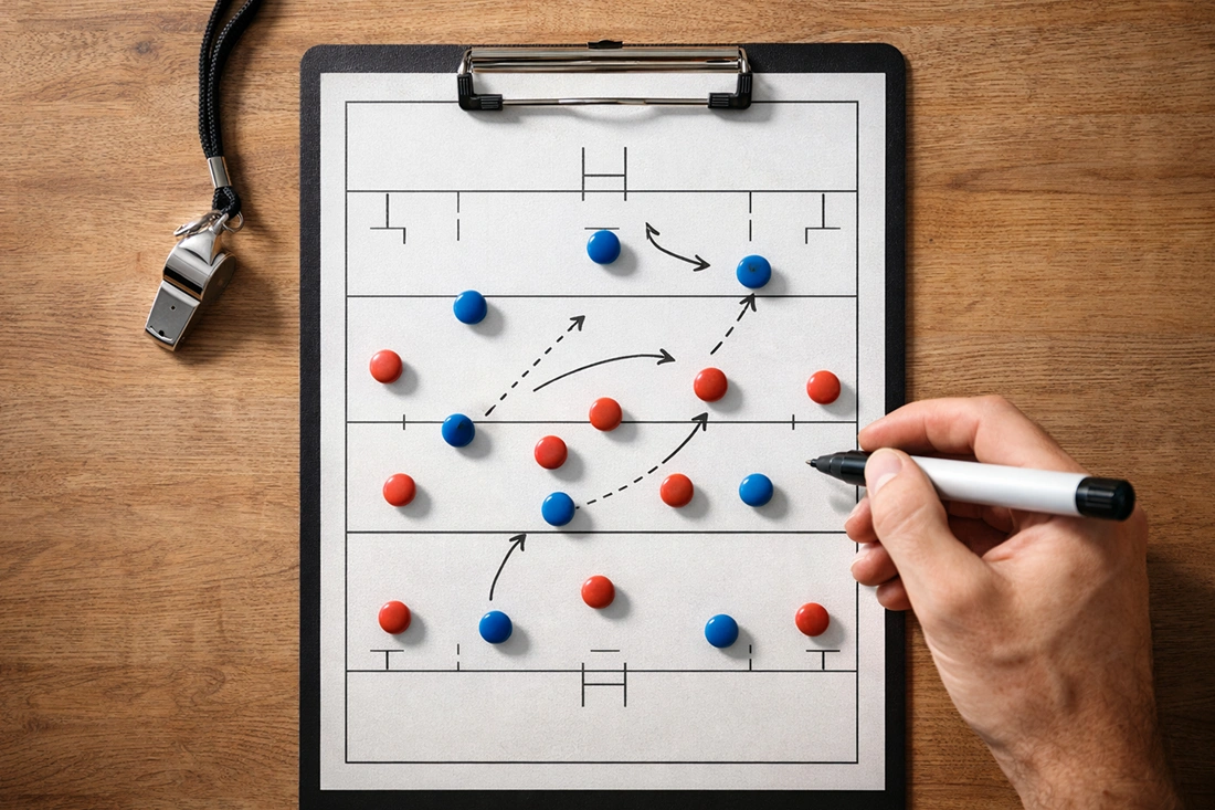 Rugby tactical board with field diagram showing player positions and strategic movement arrows