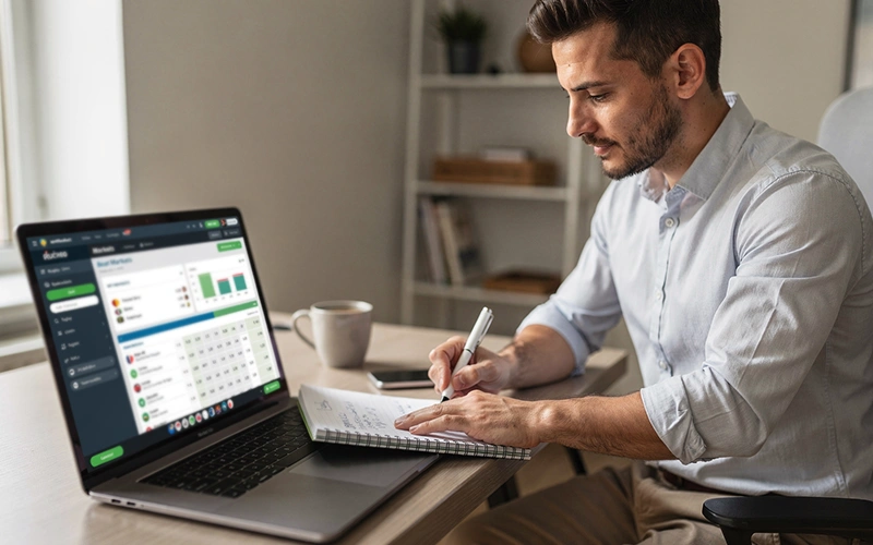 Professional bettor analyzing rugby odds on laptop screen with probability charts visible