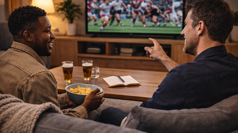 Two friends enjoying watching rugby together on TV in a comfortable living room with relaxed atmosphere