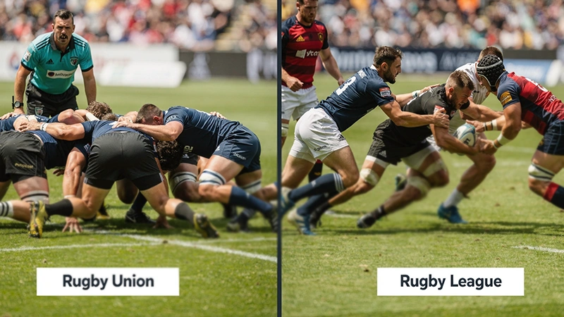 Split-screen comparison showing Rugby Union scrum formation on the left and Rugby League tackle action on the right