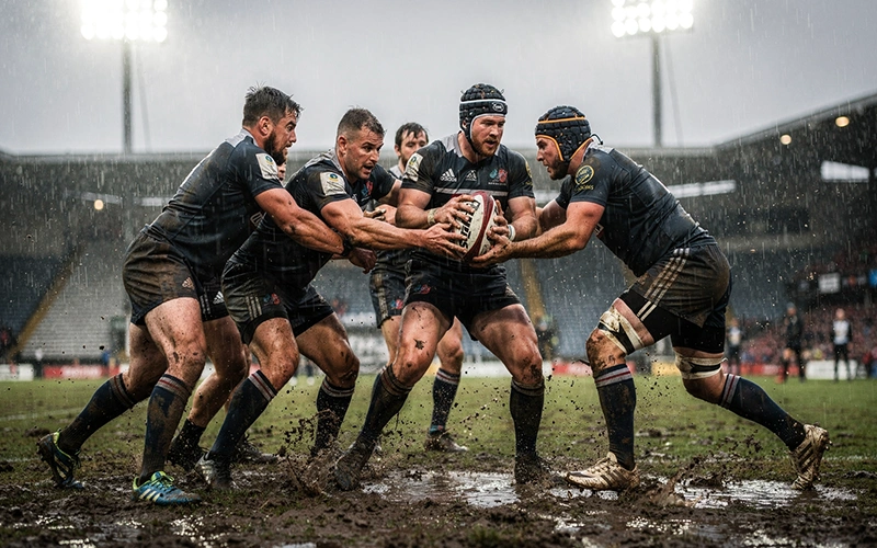 Rugby match being played in challenging rainy conditions with players competing in wet weather