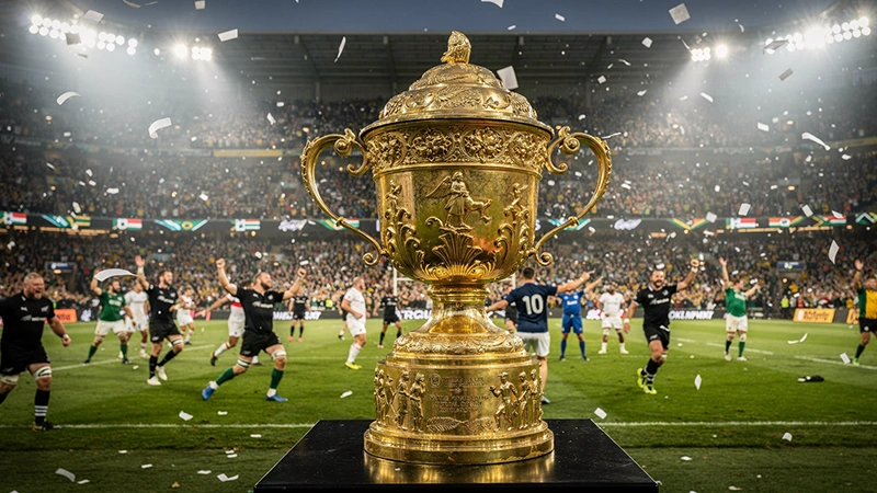 Webb Ellis Cup trophy gleaming under spotlights with packed stadium and international flags in the background