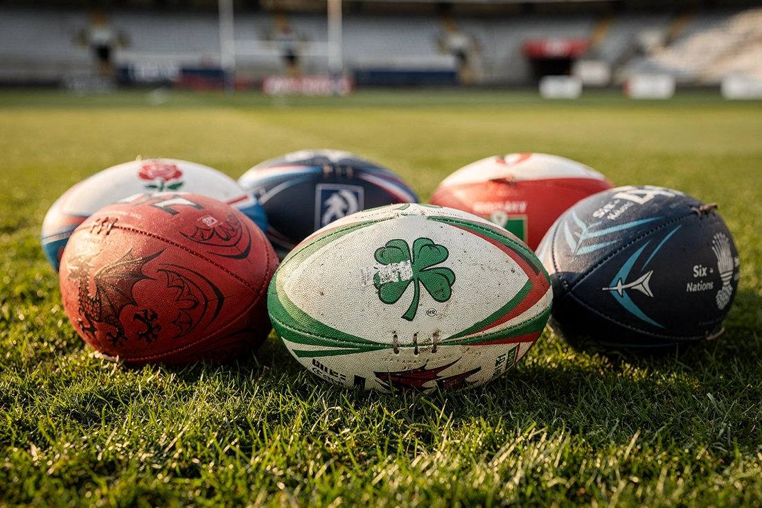 Six rugby balls representing England, France, Ireland, Wales, Scotland and Italy arranged on green pitch