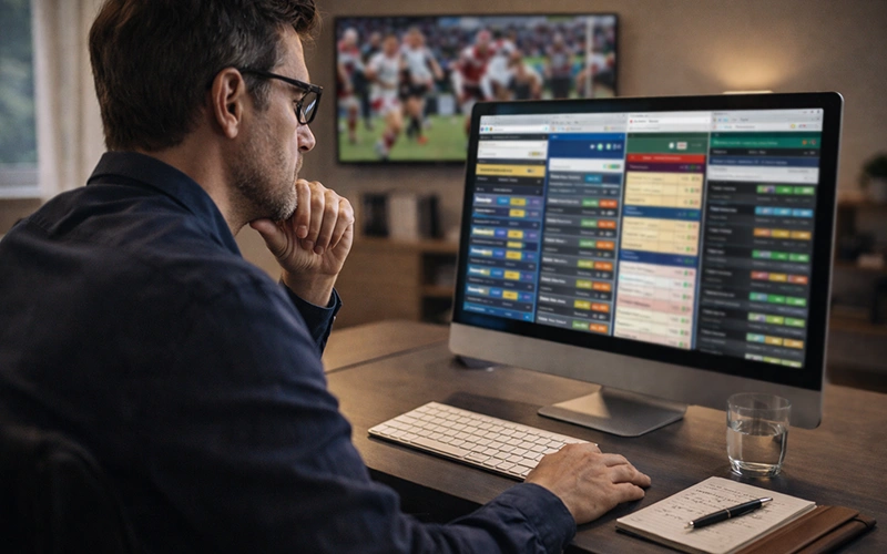 Focused sports analyst at desk with rugby match on TV comparing odds across multiple bookmaker websites