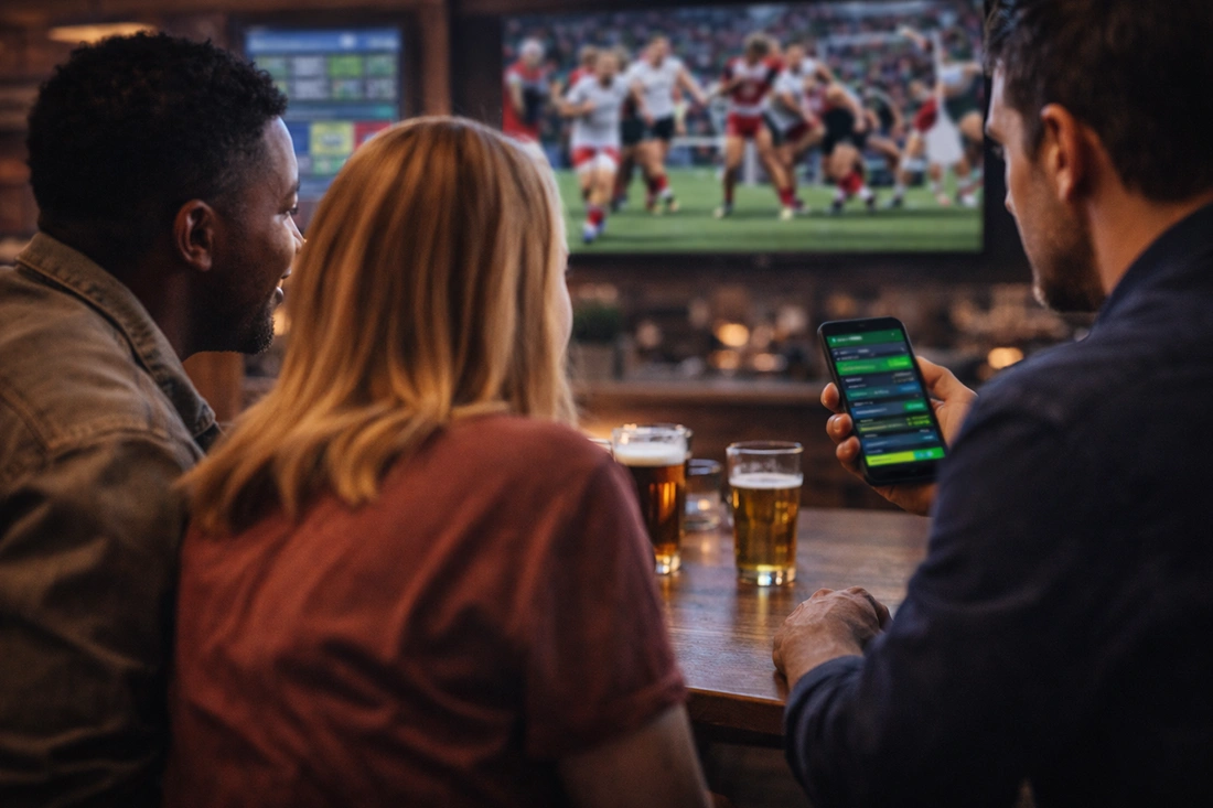 Friends watching Rugby World Cup match in sports bar while checking live betting on smartphone