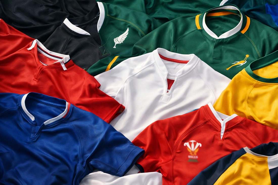 Collection of national rugby jerseys from World Cup participating nations showing tournament diversity