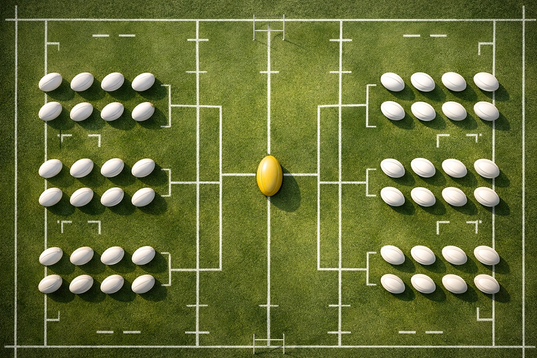 Aerial view of rugby pitch showing tournament bracket format with pool groups and knockout stages